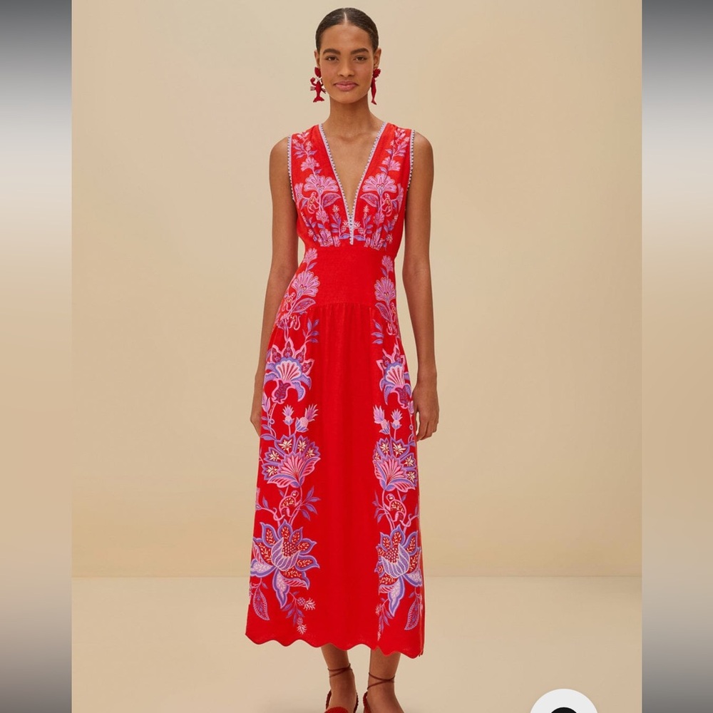 Farm Rio Red Porcelain Garden Euroflax Premium Linen Midi Dress